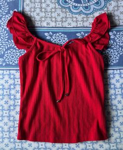 Chic Red Ruffle Sleeve Tie-Front Top xs