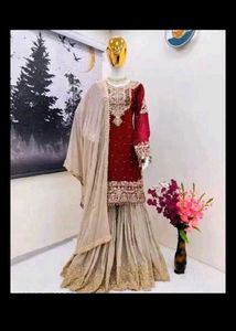 Embroidered Red Kurta Set with Grey Palazzo