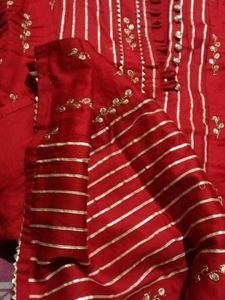 Red Striped Kurta with Embellishments
