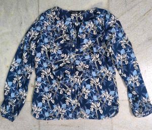 Chic Blue Floral Print Long Sleeve Top