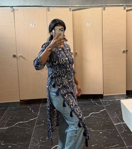 Blue Paisley Print Kurta with Tassels