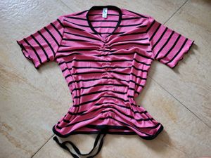 Pink & Black Striped Ruched Top