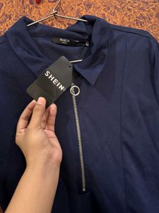 Navy Blue Zipped Collar Top