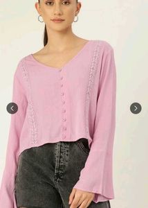 DressBerry Pink Self Design Lace Inserts Flared Sl