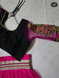 Vibrant Pink &amp; Black Embroidered Lehenga Set