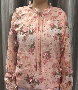 Sheer Floral Ruffle Neck Blouse