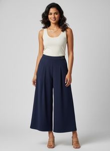 Navy Blue High-Waisted Wide-Leg Pleated Pants