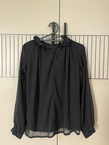Chic Black Ruffled Neck Blouse
