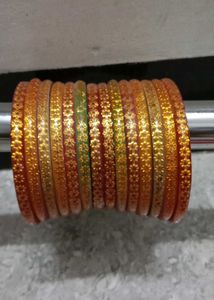Colorful Glass Bangles with Gold Floral Design
