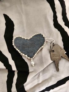 Heart Denim Keychain with Pearls