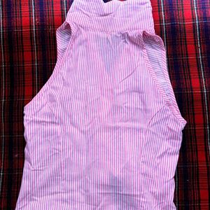 Pink Striped Halter Neck Crop Top