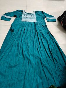 Teal Ethnic Gown with White Embroidery
