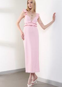 Pink Ruffle Trim Midi Dress