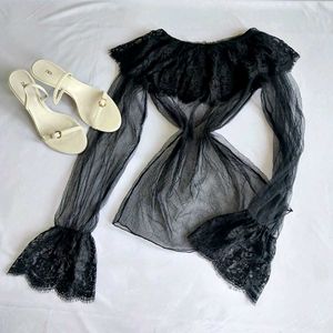 Sheer Black Lace Trim Top