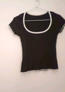 Black Ribbed Lettuce Trim Crop Top
