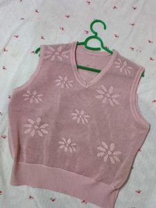 Chic Pink Floral Knit Sleeveless Vest