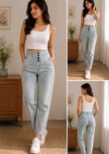 Light Blue High-Waist Button Detail Denim Jeans |