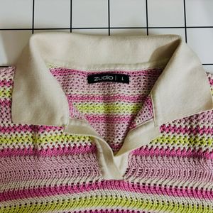 Striped Crochet Polo Top