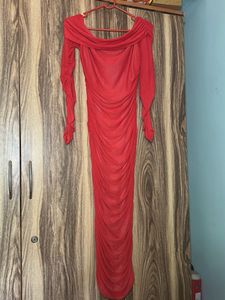 Stunning Red Ruched Off-Shoulder Maxi Dress