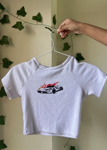 White Graphic Car Crop Top