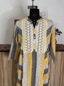 Yellow &amp; Grey Striped Kurta with Lace Detail
