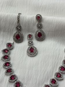 Ruby Red Necklace Set with Earrings &amp; Maang Tikka