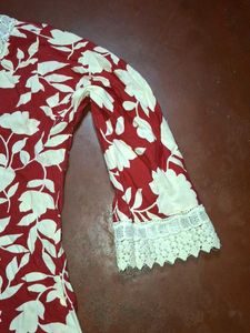 Red Floral short Kurta with Lace Neckline