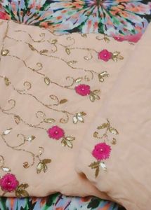 gota patti Peach Embroidered Silk Sare