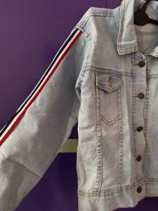 New Women's Denim Jacket with Striped Sleeves