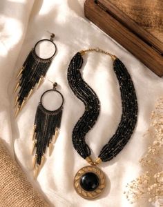 Boho Black Beaded Necklace &amp; Earring Set