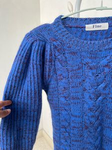 Blue Cable Knit Puff Sleeve Sweater