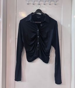 Chic Black Ruched Button-Up Top