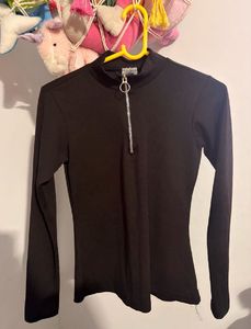 Ribbed Black Zip Neck Top
