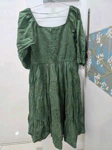 Chic Olive Green Tiered Eyelet Dress