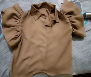 Brown Puff Sleeve Collared Shirt