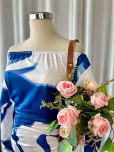 Elegant Off-Shoulder Blue &amp; White Maxi Gown