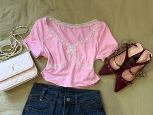 Cute Pink Lace Trim Top