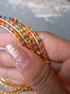 Gold Tone Bangles with Colorful Beads
