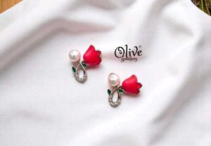 Pearl &amp; Red Tulip Stud Earrings