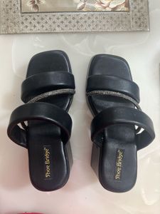 Black Platform Block Heels with Rhinestone Straps