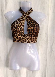 I. Leopard Print Halter Neck Crop Top