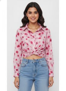 Pink Rose Floral Center-Twist Crop Shirt
