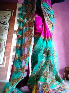 Fancy Teal &amp; Pink Saree with readymade Blouse