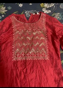 Elegant Red Kurta with Embellished Neckline