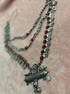 Oxidized Silver Necklace with Red Beads