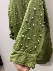 Chic Pearl Embellished Oversized Shirt