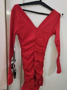 Chic Red Ruched V-Neck Dress