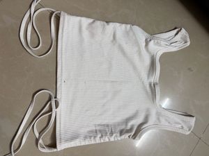 White Ribbed Crop Top with Tie Details