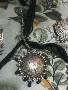 Oxidized Silver Lotus Necklace &amp; Earrings Set with