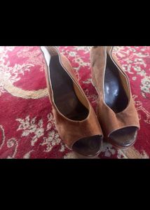Brown Suede Peep-Toe Wedge Heels